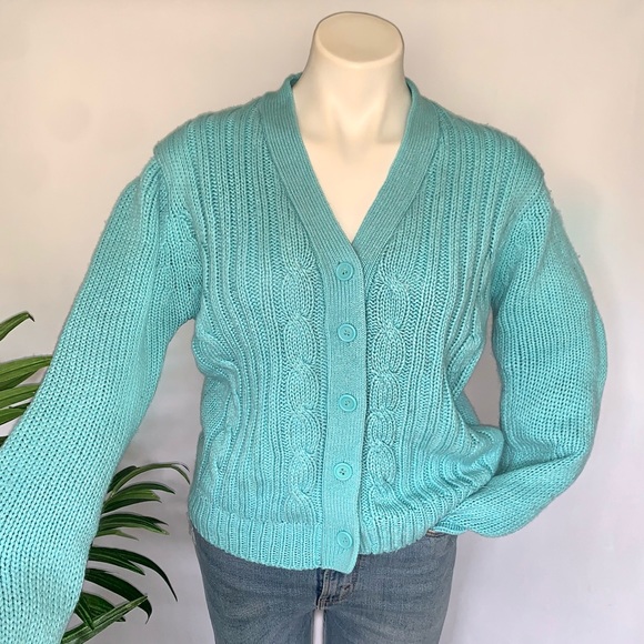 b l u e :: Vintage Granny Cable Knit Braided Cardigan Sweater - Picture 3 of 11